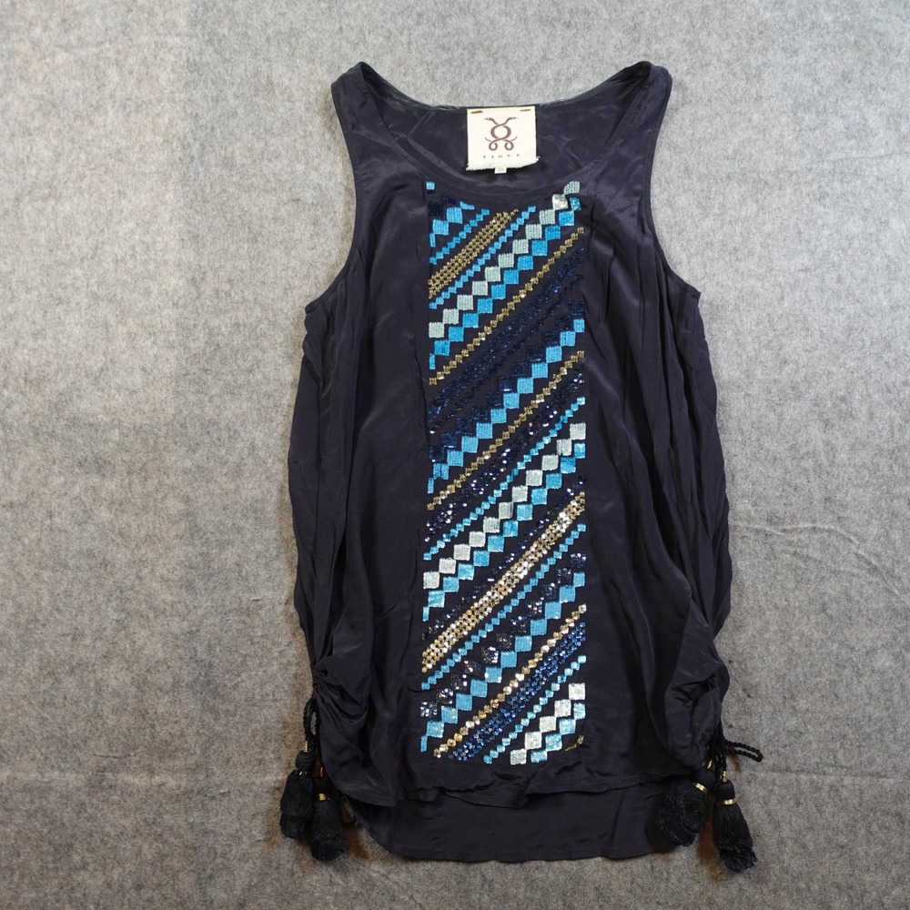 Figue Top Womens Medium Navy Blue Silk Geometric Sequin Tunic Tank Scoop Neck